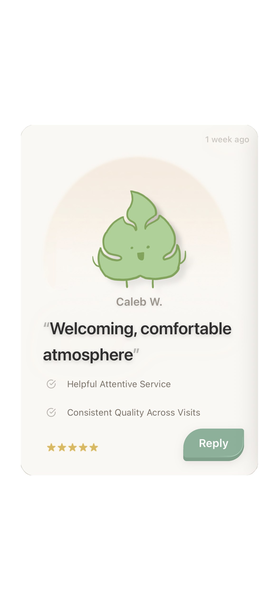 ReVloom review card from Caleb W. — five stars, welcoming comfortable atmosphere